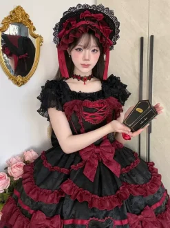 rentrée scolaireRobe gothique Lolita rouge noire à manches courtes avec n艙uds et volants style kawaii