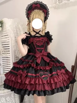 rentrée scolaireRobe gothique Lolita rouge noire à manches courtes avec n艙uds et volants style kawaii