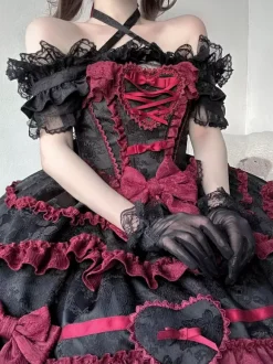 rentrée scolaireRobe gothique Lolita rouge noire à manches courtes avec n艙uds et volants style kawaii