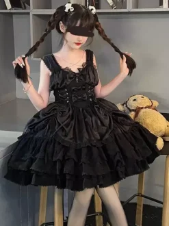 rentrée scolaireRobe gothique Lolita noire sans manches JSK avec n艙uds et volants style kawaii