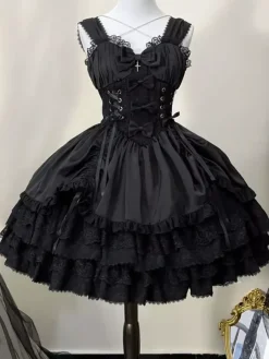 rentrée scolaireRobe gothique Lolita noire sans manches JSK avec n艙uds et volants style kawaii