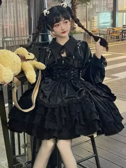 rentrée scolaireRobe gothique Lolita noire sans manches JSK avec n艙uds et volants style kawaii