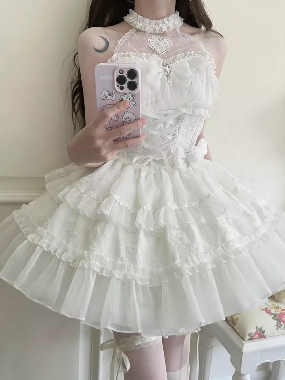 rentrée scolaireRobe Lolita gothique pastel à volants et lacets rose et blanc style romantique robe Hime Lolita