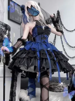 rentrée scolaireRobes gothiques Lolita sans manches à volants robe bouffante superposée bleu noir papillon costumes de cosplay