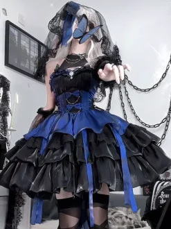 rentrée scolaireRobes gothiques Lolita sans manches à volants robe bouffante superposée bleu noir papillon costumes de cosplay
