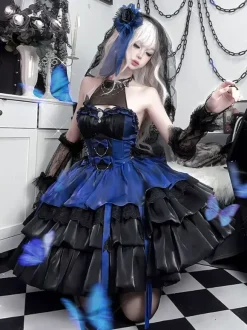 rentrée scolaireRobes gothiques Lolita sans manches à volants robe bouffante superposée bleu noir papillon costumes de cosplay