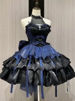 rentrée scolaireRobes gothiques Lolita sans manches à volants robe bouffante superposée bleu noir papillon costumes de cosplay