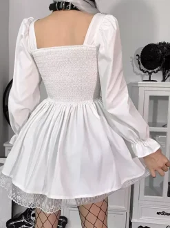 rentrée scolaireRobes Lolita Gothiques Lacets Dentelle Blanc Manches Longues Col Carré
