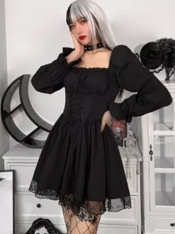rentrée scolaireRobes Lolita Gothiques Lacets Dentelle Blanc Manches Longues Col Carré