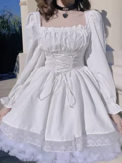 rentrée scolaireRobes Lolita Gothiques Lacets Dentelle Blanc Manches Longues Col Carré