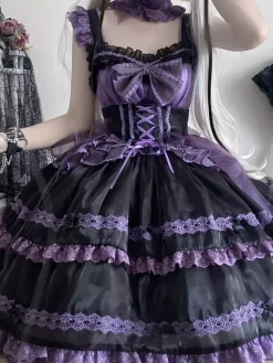 rentrée scolaireRobe Lolita gothique à lacets et n艙uds couleur unie bordure en dentelle