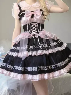 rentrée scolaireRobe Lolita gothique à lacets et n艙uds couleur unie bordure en dentelle