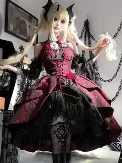 rentrée scolaireRobes gothiques Lolita en dentelle et fleurs jacquard bordeaux noir rouge JSK