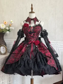 rentrée scolaireRobes gothiques Lolita en dentelle et fleurs jacquard bordeaux noir rouge JSK