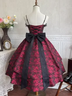 rentrée scolaireRobes gothiques Lolita en dentelle et fleurs jacquard bordeaux noir rouge JSK