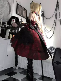 rentrée scolaireRobes gothiques Lolita en dentelle et fleurs jacquard bordeaux noir rouge JSK