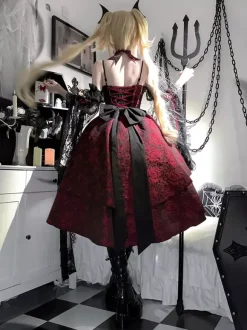 rentrée scolaireRobes gothiques Lolita en dentelle et fleurs jacquard bordeaux noir rouge JSK