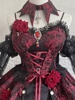 rentrée scolaireRobes gothiques Lolita en dentelle et fleurs jacquard bordeaux noir rouge JSK