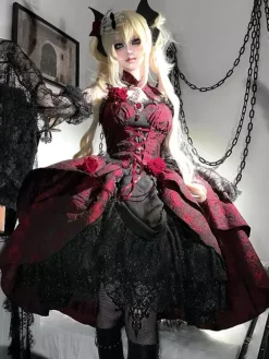 rentrée scolaireRobes gothiques Lolita en dentelle et fleurs jacquard bordeaux noir rouge JSK