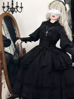 rentrée scolaireRobes gothiques Lolita à volants et n艙uds Noir Noir