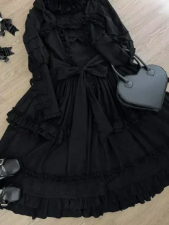 rentrée scolaireRobes gothiques Lolita à volants et n艙uds Noir Noir