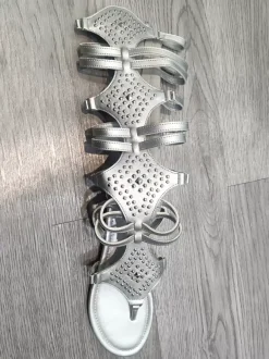Rivets Pour Femmes Bout Rond Sandales Spartiates Plates Argenté Cuir PU