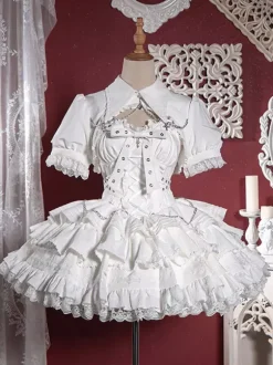 Robe à bretelles gothique Lolita et cache-couche ensemble deux pièces bordure en dentelle manches courtes robe courte bouffante superposée