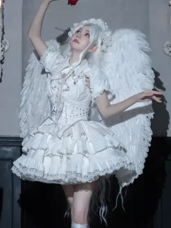 Robe à bretelles gothique Lolita et cache-couche ensemble deux pièces bordure en dentelle manches courtes robe courte bouffante superposée