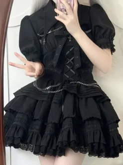 Robe à bretelles gothique Lolita et cache-couche ensemble deux pièces bordure en dentelle manches courtes robe courte bouffante superposée