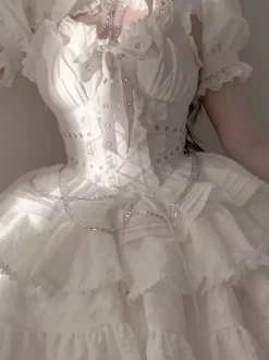Robe à bretelles gothique Lolita et cache-couche ensemble deux pièces bordure en dentelle manches courtes robe courte bouffante superposée