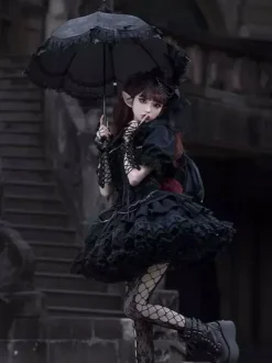 Robe à bretelles gothique Lolita et cache-couche ensemble deux pièces bordure en dentelle manches courtes robe courte bouffante superposée