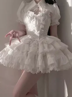 Robe à bretelles gothique Lolita et cache-couche ensemble deux pièces bordure en dentelle manches courtes robe courte bouffante superposée