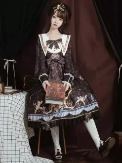 Robe académique Lolita OP bleu manches longues dentelle volante Douce Lolita robe Chic