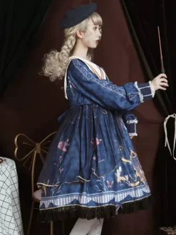 Robe académique Lolita OP bleu manches longues dentelle volante Douce Lolita robe Chic