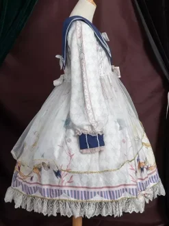 Robe académique Lolita OP bleu manches longues dentelle volante Douce Lolita robe Chic