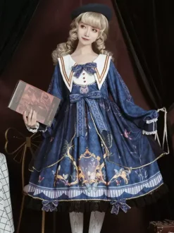 Robe académique Lolita OP bleu manches longues dentelle volante Douce Lolita robe Chic
