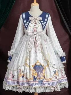 Robe académique Lolita OP bleu manches longues dentelle volante Douce Lolita robe Chic