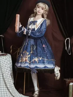Robe académique Lolita OP bleu manches longues dentelle volante Douce Lolita robe Chic