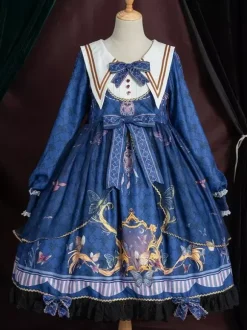Robe académique Lolita OP bleu manches longues dentelle volante Douce Lolita robe Chic