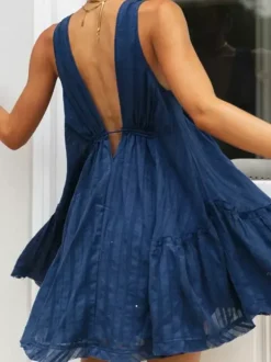 Robe babydoll sans manches en coton pour femme - Robe d'été bohème mini trapèze dos nu col V - Vacances d'été à la plage 2026