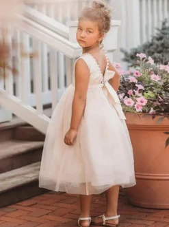 Robe baptême bébé fille champagne tissu de satin col rond jupe en tulle robe fille de cérémonie