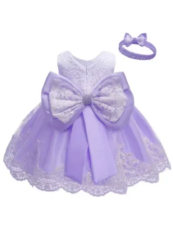 Robe baptême robe cérémonie fille décoré de noeud