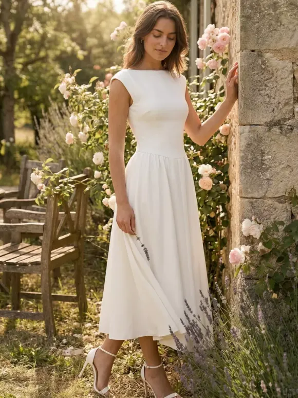 Robe blanche trapèze à col bateau pour femme - Robe midi élégante et minimaliste à dos nu - Tenues d'été pour un rendez-vous galant 2026