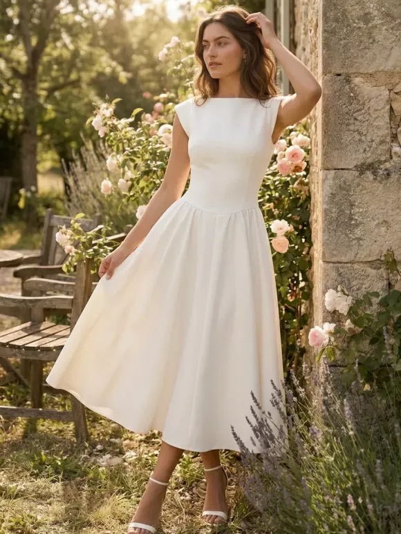 Robe blanche trapèze à col bateau pour femme - Robe midi élégante et minimaliste à dos nu - Tenues d'été pour un rendez-vous galant 2026