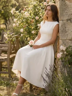 Robe blanche trapèze à col bateau pour femme - Robe midi élégante et minimaliste à dos nu - Tenues d'été pour un rendez-vous galant 2026