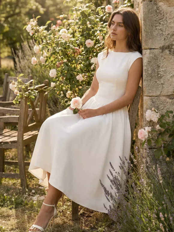 Robe blanche trapèze à col bateau pour femme - Robe midi élégante et minimaliste à dos nu - Tenues d'été pour un rendez-vous galant 2026