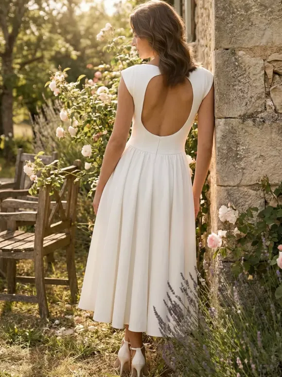 Robe blanche trapèze à col bateau pour femme - Robe midi élégante et minimaliste à dos nu - Tenues d'été pour un rendez-vous galant 2026