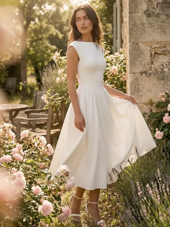 Robe blanche trapèze à col bateau pour femme - Robe midi élégante et minimaliste à dos nu - Tenues d'été pour un rendez-vous galant 2026
