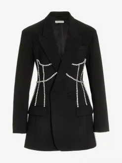 Robe blazer courte pour femme avec revers cranté strass et chaîne découpée