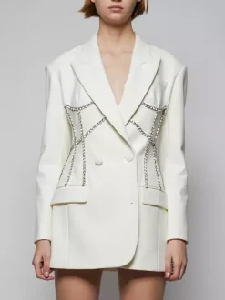 Robe blazer courte pour femme avec revers cranté strass et chaîne découpée